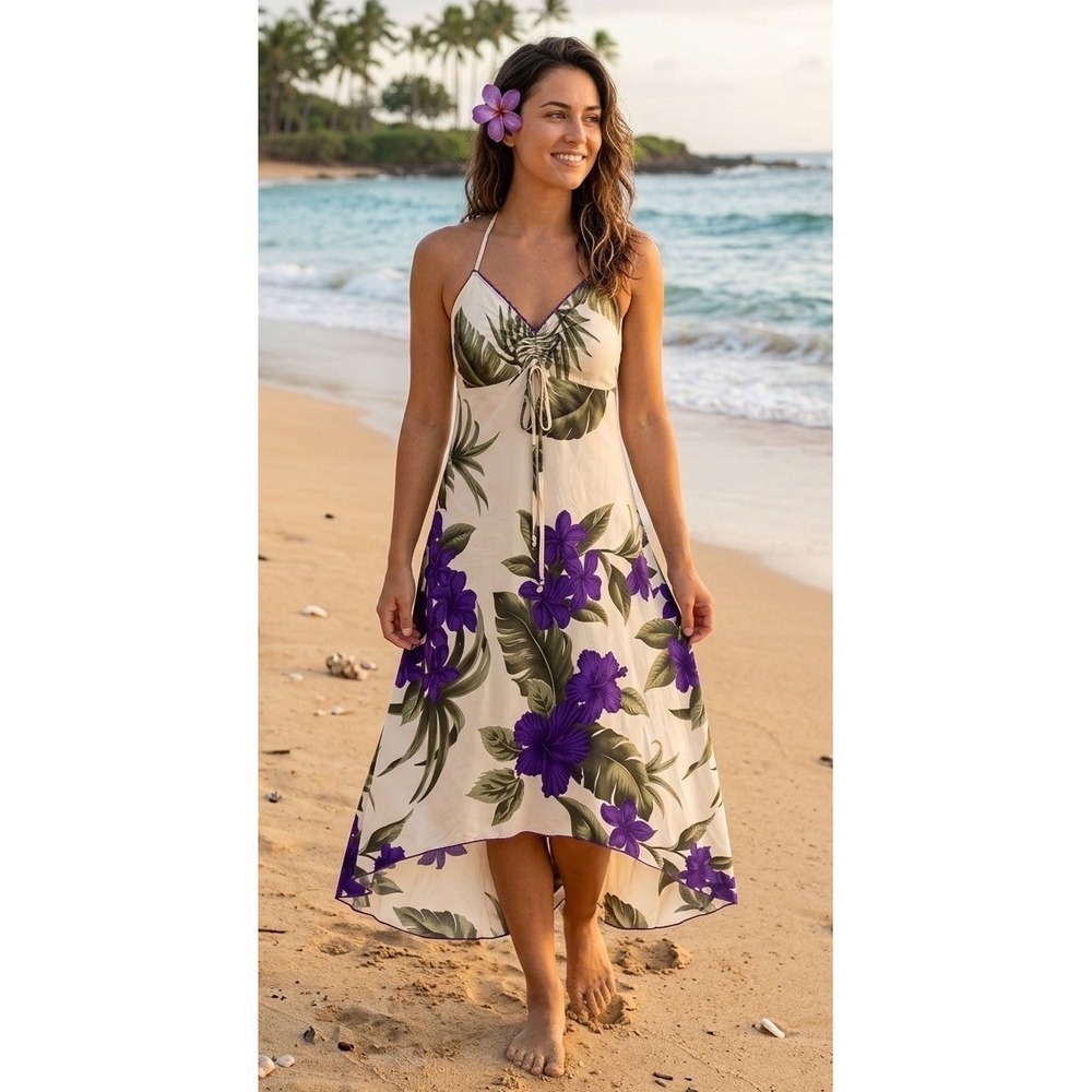 Hawaiian Smocked Halter Maxi Dress Purple Hibiscus Flower Print  Vacation Resort